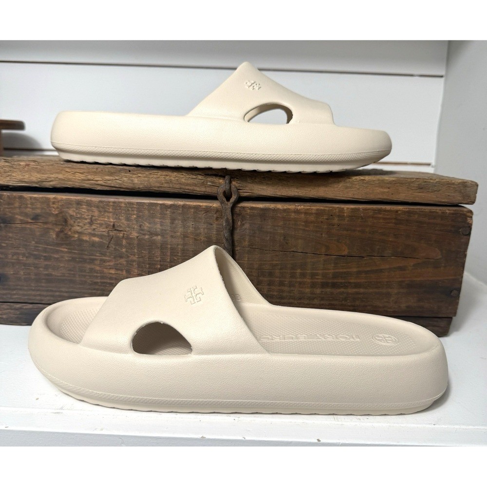 Tory Burch Pool Slides Womens Size 9 Cream Shower Slides Logo NEW